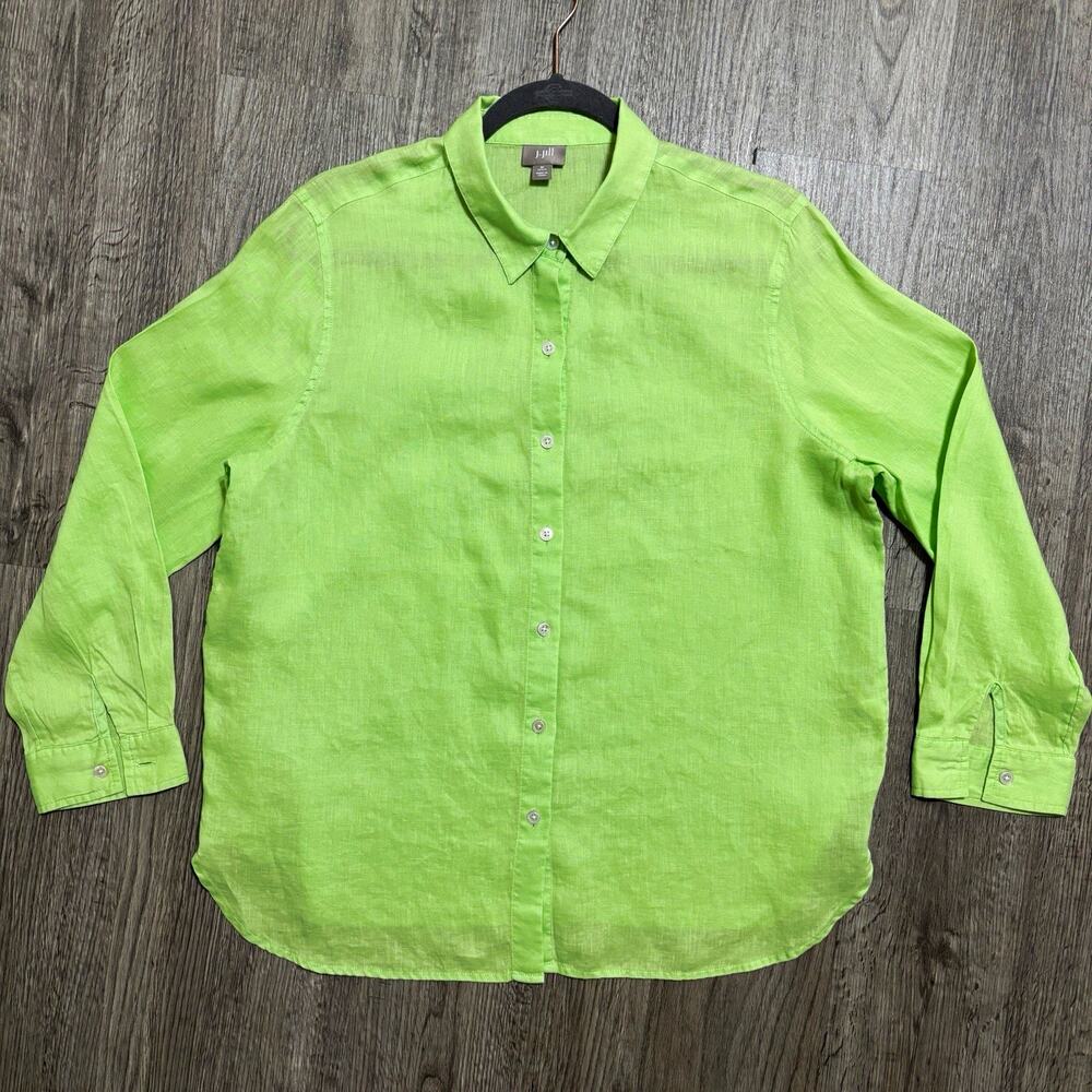 J. Jill Women’s BasketballPetite M Green Solid Linen Woven Button-Up Collared Lo